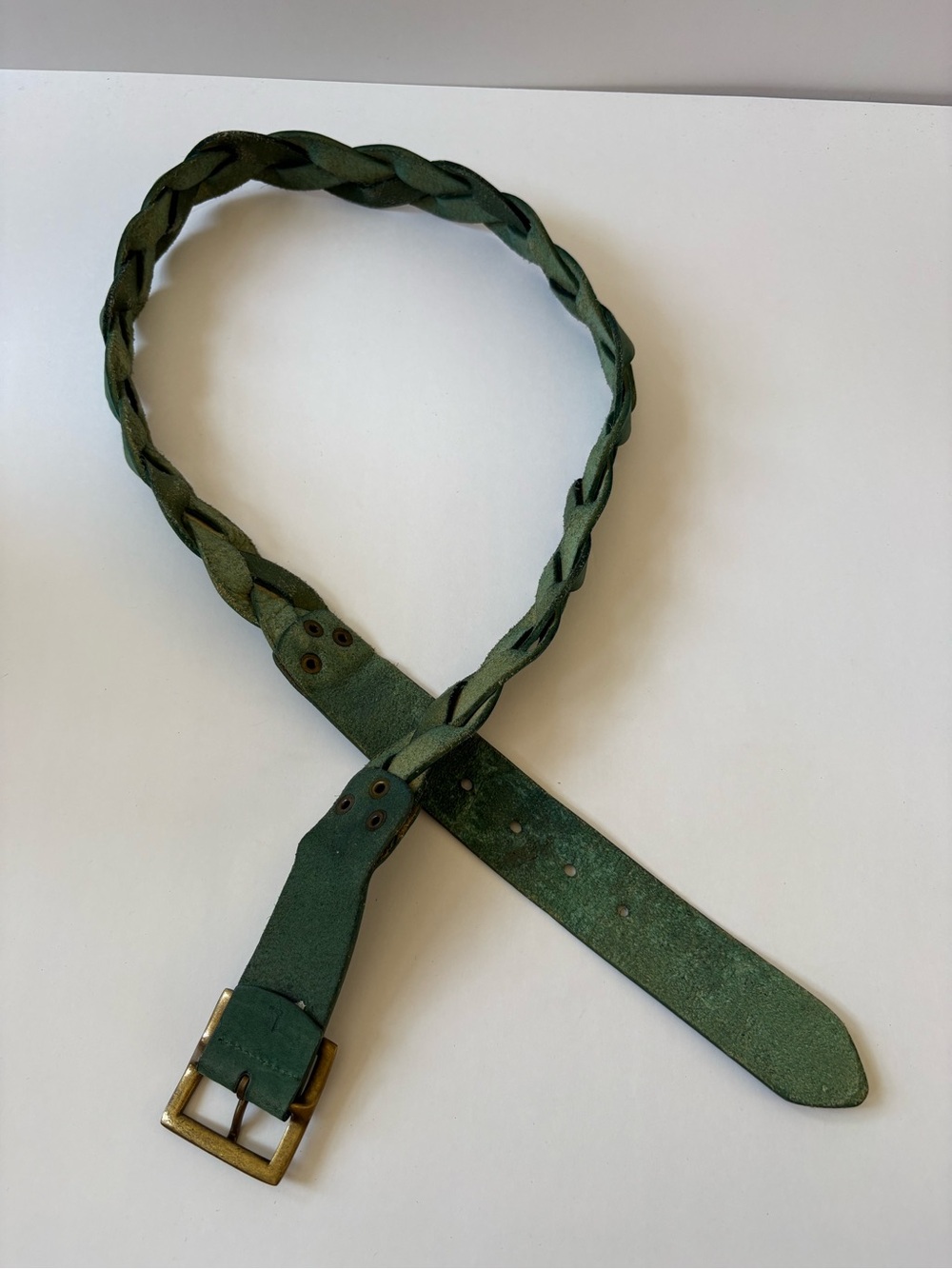 VNTG Old Navy Leather Green Braided Pleated Belt L Rivet Square Buckle Western - Picture 3 of 8